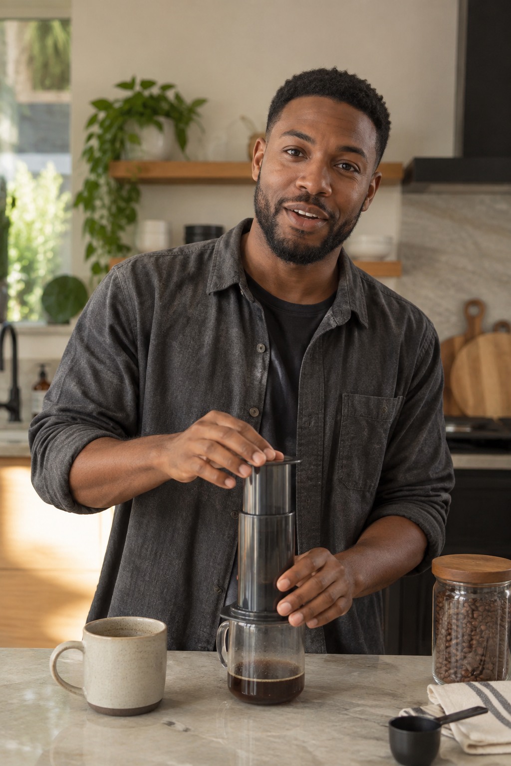 Marcus demonstrating a compact espresso brewer