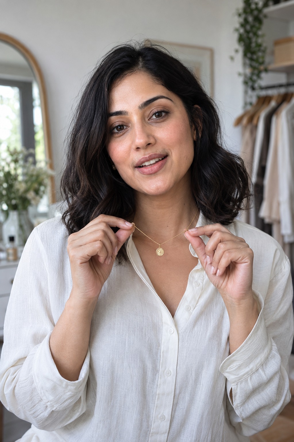 Priya showing a delicate gold necklace