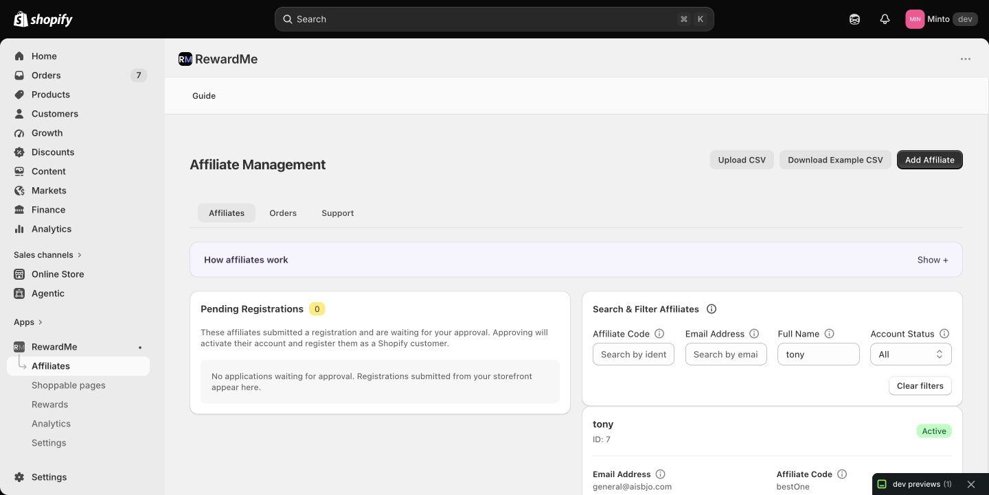 RewardMe Affiliate Management: CSV import, affiliate approval, search and filters