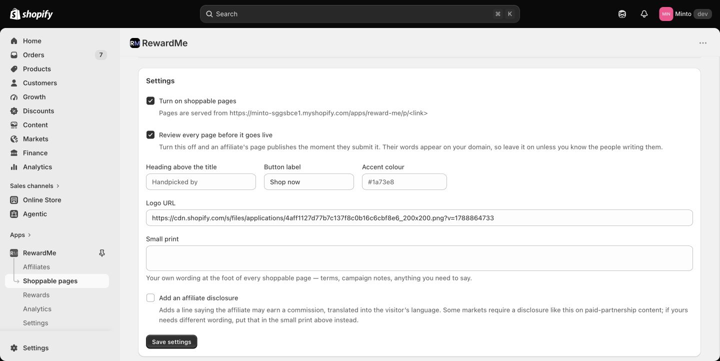 RewardMe branding settings with Reel approval, heading, button label, accent colour, logo and disclosure controls