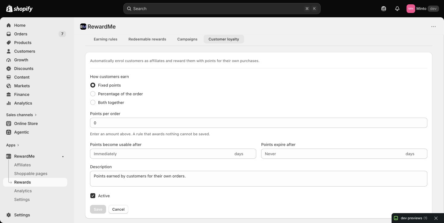 RewardMe customer loyalty configuration: fixed points, percentage of the order, maturity and expiry