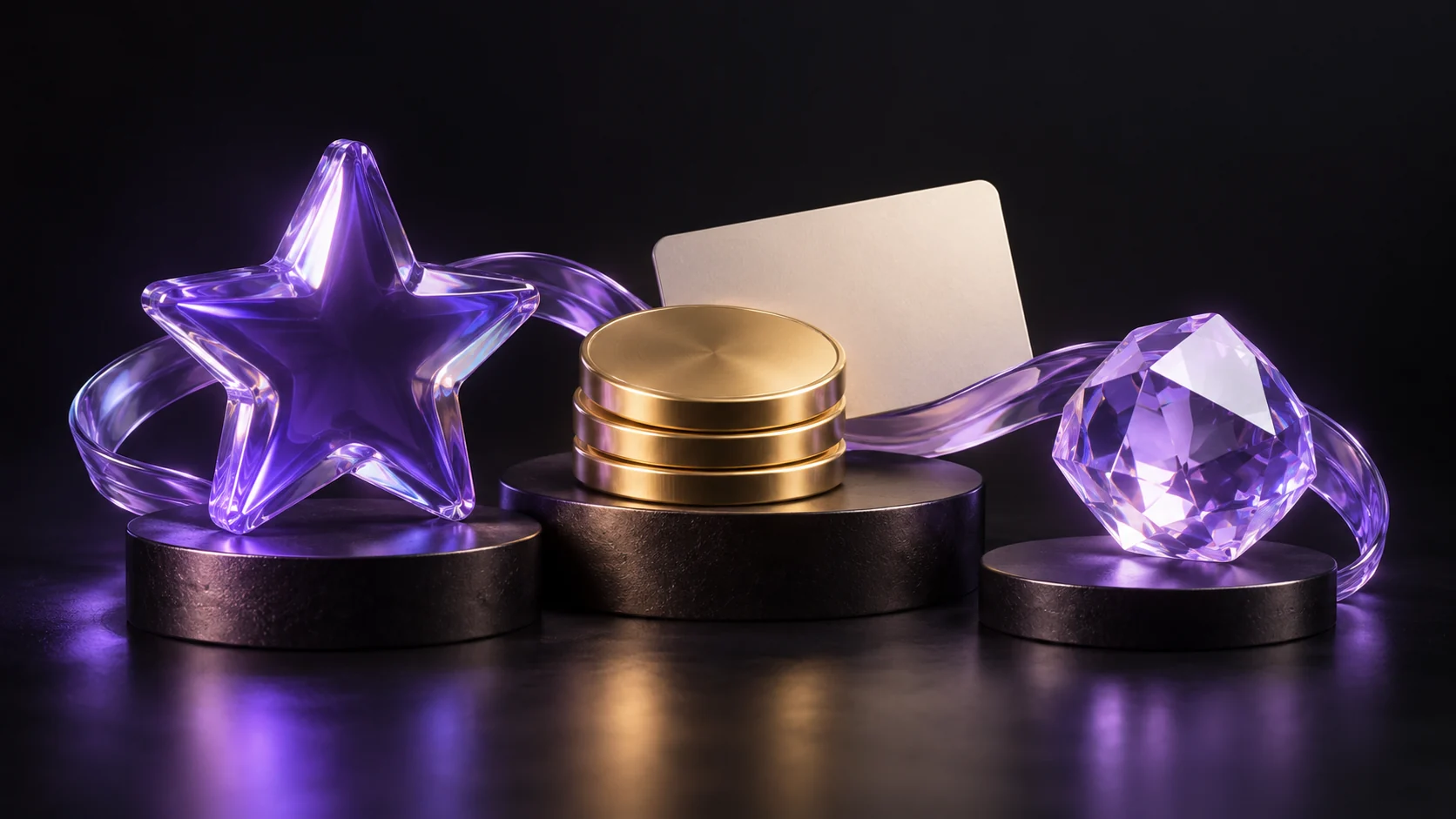 Violet glass star, gold tokens and a lavender gemstone connected by a ribbon on a dark background, representing different branded loyalty point names.