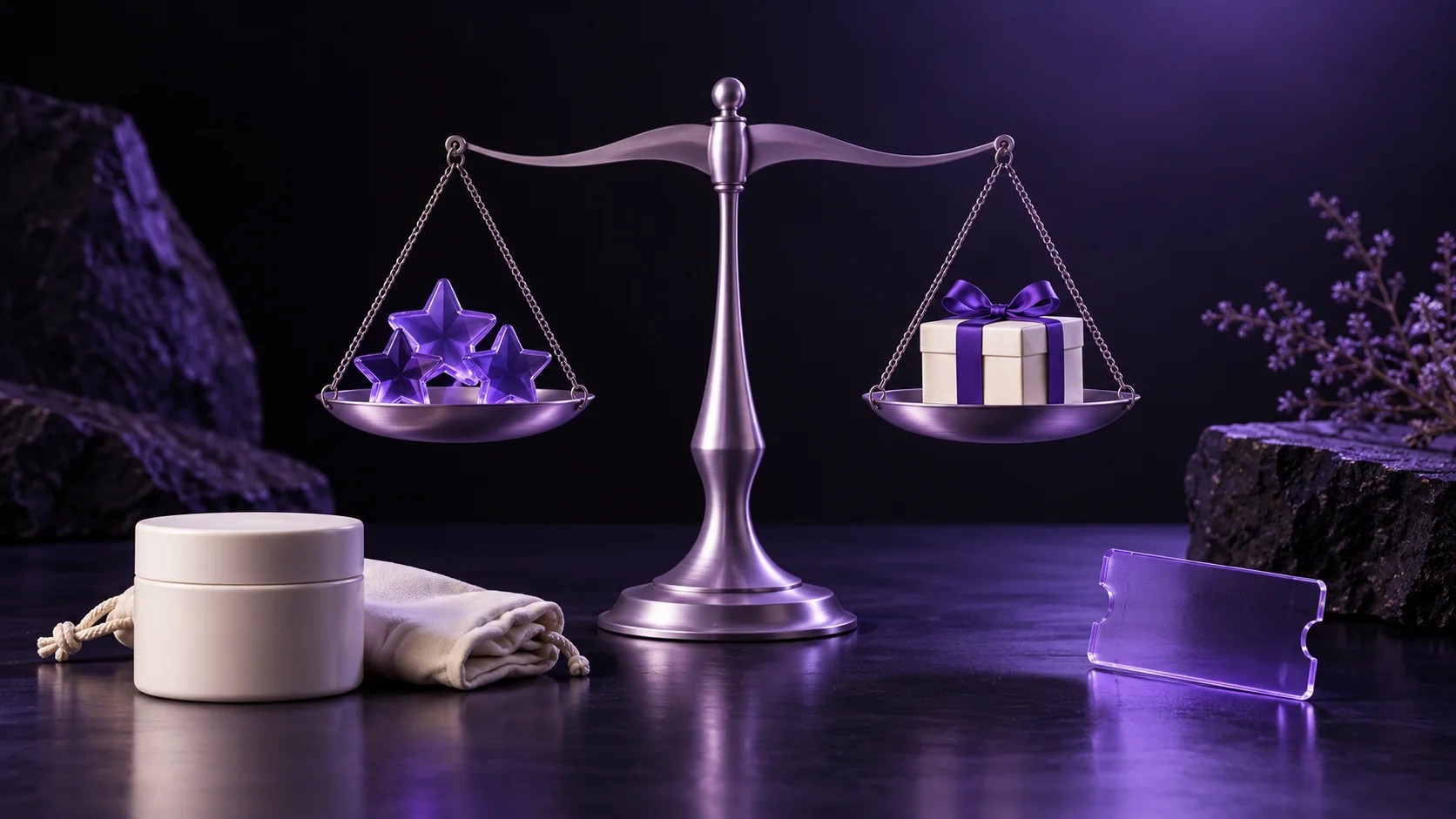A balanced lavender scale holding violet star tokens and an ivory gift box, with everyday store products on an ink-black background. Conceptual reward planning artwork.