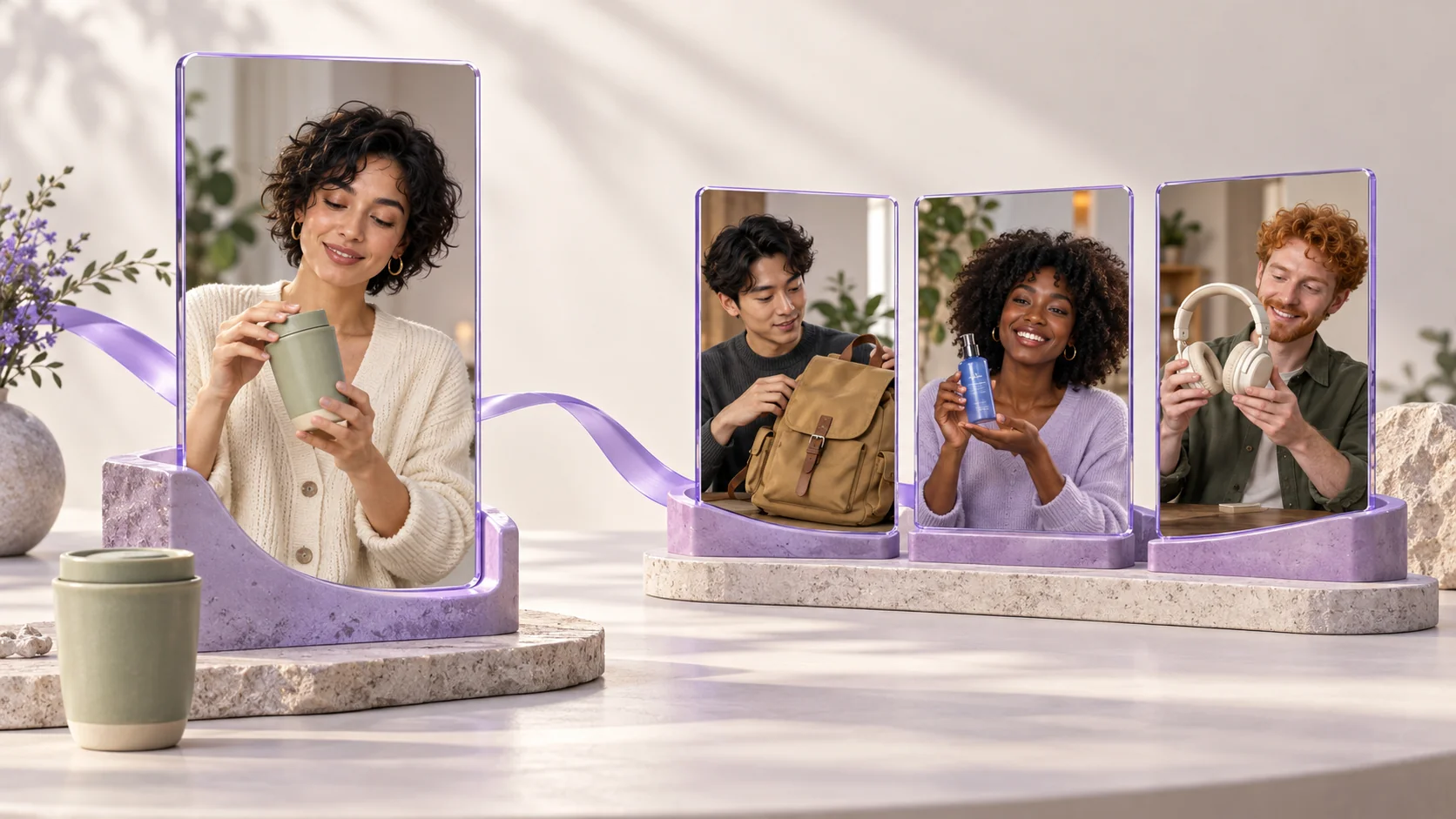 One large portrait panel of a fictional creator demonstrating a travel cup beside three smaller creator panels with a backpack, skincare bottle and headphones. Conceptual Feed and Carousel artwork, not an app screenshot.