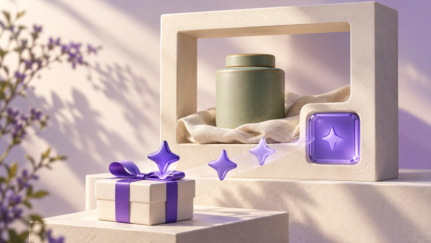 An ivory shop-like frame containing a sage tea tin, with an inset violet reward module and star tokens leading to a gift box. Conceptual artwork, not a RewardMe screenshot.
