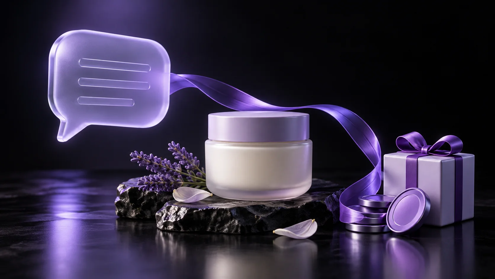 A lavender glass speech bubble beside a skincare jar, connected by a violet ribbon to reward tokens and a gift box on a dark background.