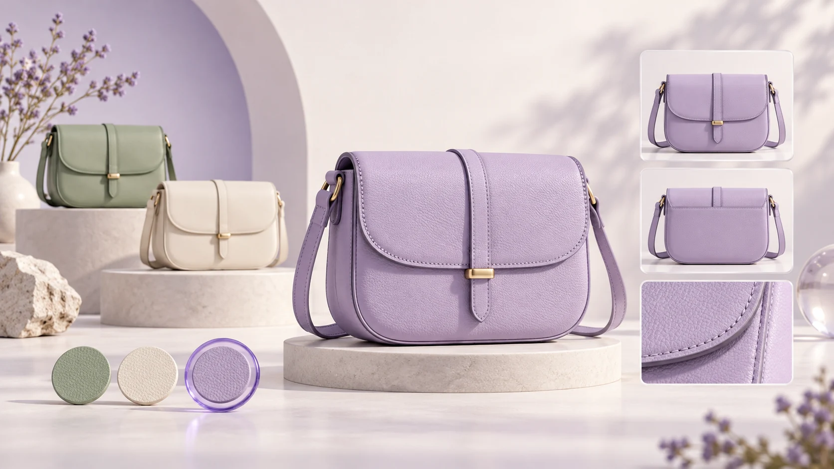 A lavender crossbody bag with matching front, back and stitching detail images, beside sage and ivory alternatives and colour swatches.