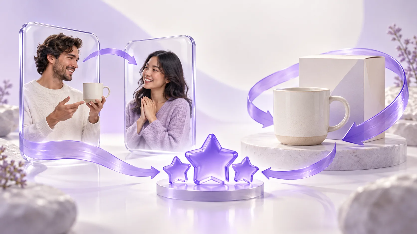 Two fictional shoppers connected by a violet referral arrow beside a ceramic cup surrounded by a return loop, with star tokens representing rewards.
