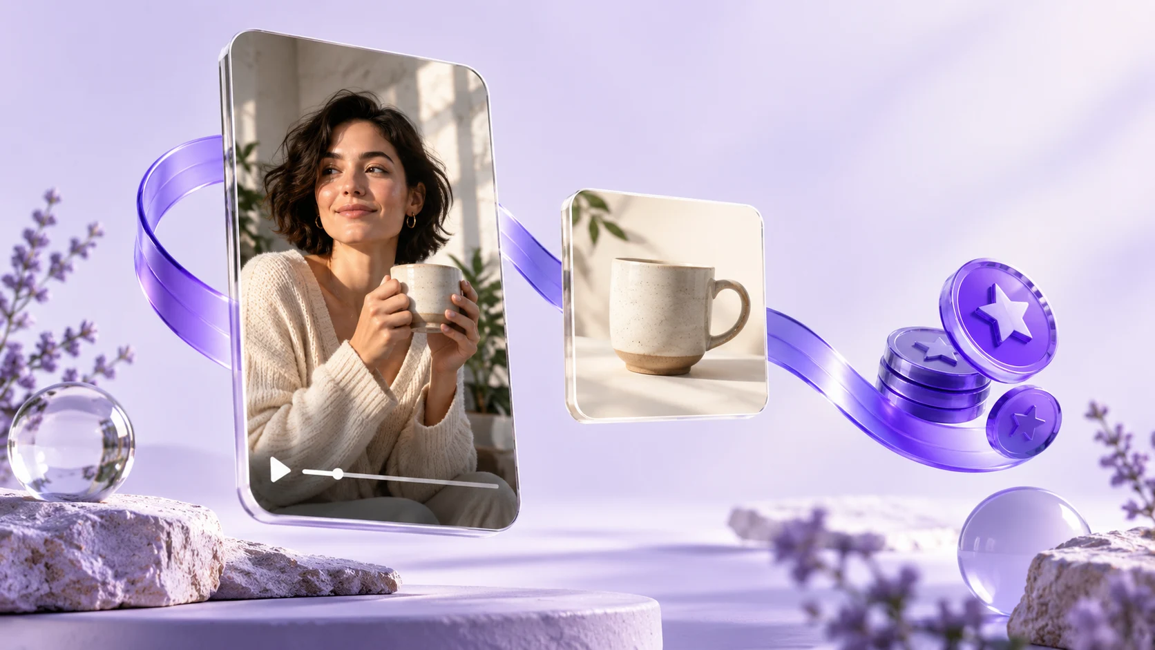 A creator holding a ceramic cup, a matching product card and violet reward tokens connected by a ribbon, an illustration of the Shoppable Reels journey.