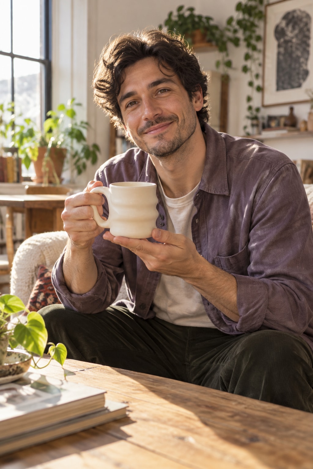 Luca enjoying coffee in a ceramic mug