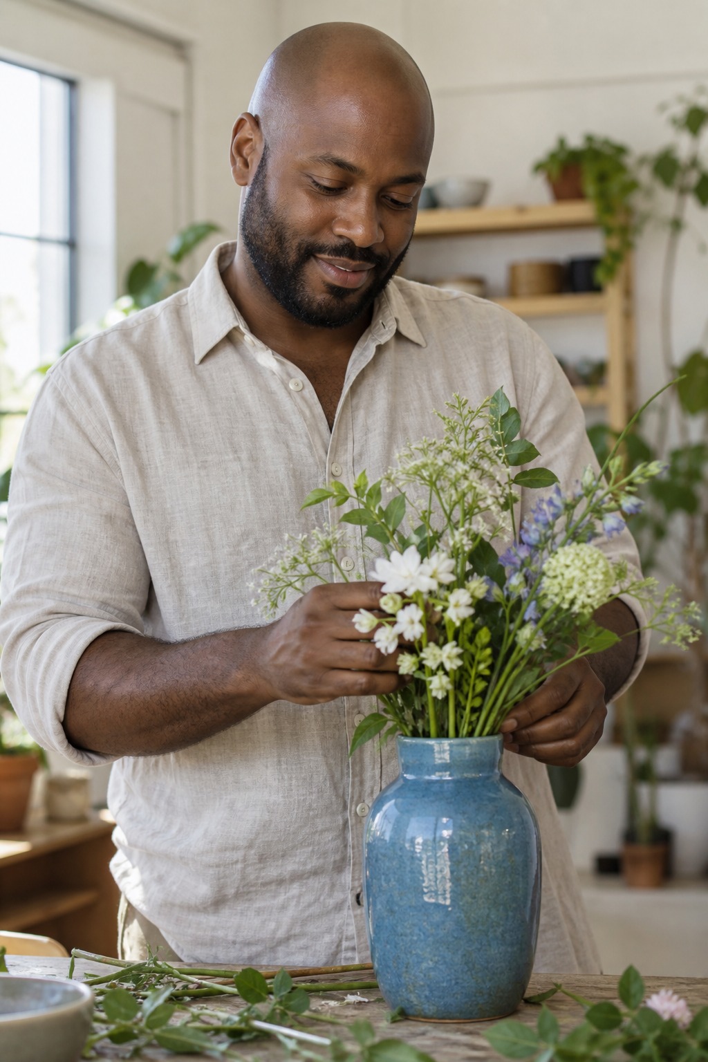 Noah arranging flowers in a blue ceramic vase