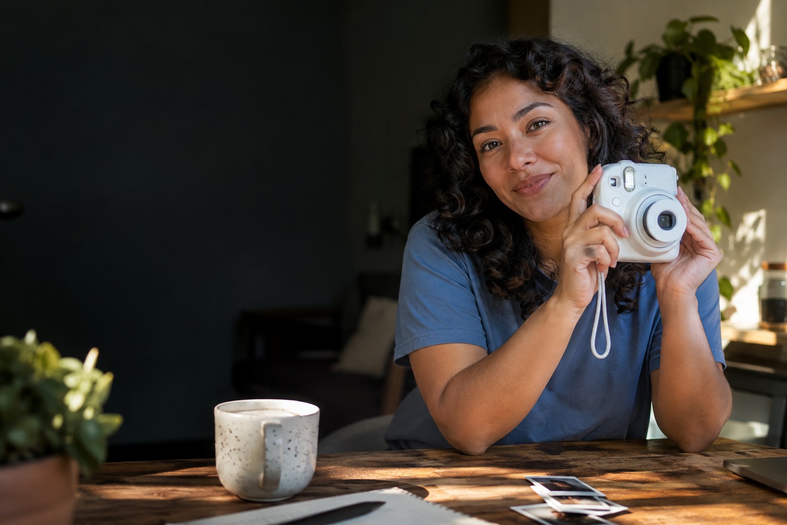 Creator demonstrating an instant camera at her desk